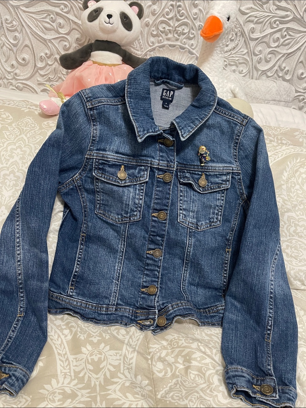 GAP Dark Blue Girl’s Denim Jacket with Girl Artist Pin Accent